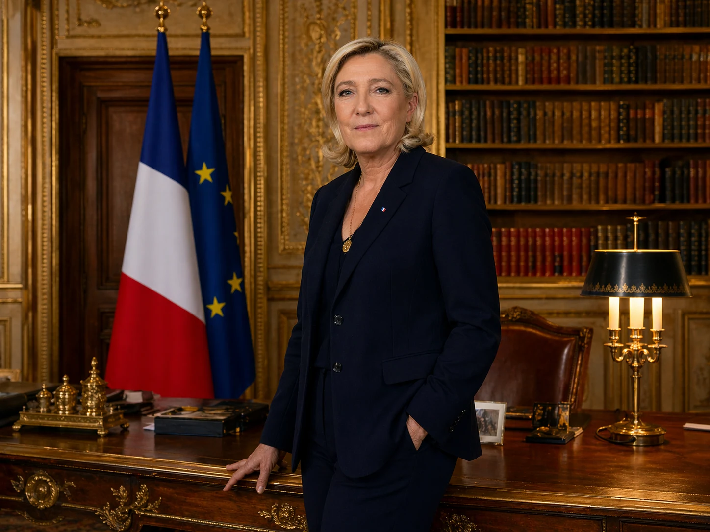 Illustration de Marine Le Pen dans un bureau officiel, devant les drapeaux français et européen
